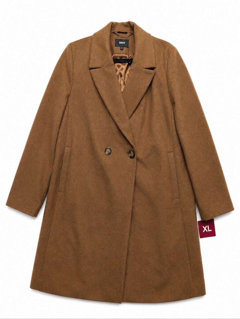 Dkny Camel Brown Double-Breasted Wool Trench Coat